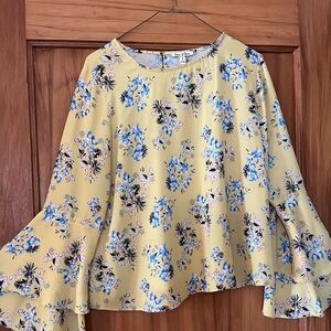 Emma& Olivia Balloon Sleeve Yellow Floral Top,Size Small